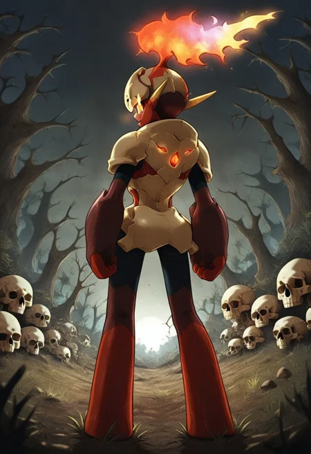 glowing eyes, pitch black night, score_9, score_8_up, score_7_up, pokemon, (armarouge), horror (theme), skull, skulls, scar, skeleton, grey background, ribs, blurry, female, armor, big pauldrons, curvaceous, back view,  looking back, full body shot, grassy landscape, outdoors, dead trees,