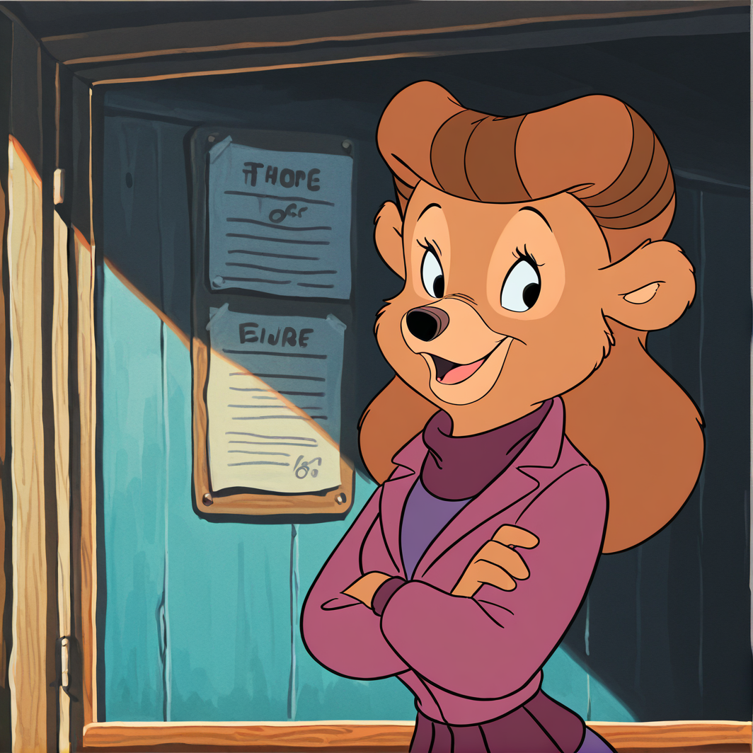 (masterpiece), (best quality), (ultra-detailed), amazing quality, very aesthetic, illustration, perfect composition, intricate details, absurdres, incredibly absurdres,   <lora:rebecca_cunningham_illustrious:1>, black eyes, retro artstyle, rebecca cunningham , rebecca cunningham , 1girl, solo, long hair, smile, open mouth, animal ears, jacket, upper body, looking to the side, crossed arms, furry, furry female, retro artstyle, bear girl, brown fur, brown hair, body fur, furry girl