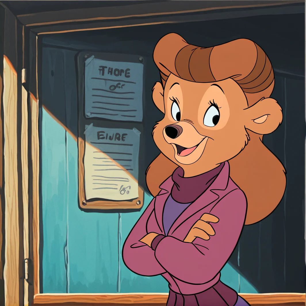 (masterpiece), (best quality), (ultra-detailed), amazing quality, very aesthetic, illustration, perfect composition, intricate details, absurdres, incredibly absurdres,   <lora:rebecca_cunningham_illustrious:1>, black eyes, retro artstyle, rebecca cunningham , rebecca cunningham , 1girl, solo, long hair, smile, open mouth, animal ears, jacket, upper body, looking to the side, crossed arms, furry, furry female, retro artstyle, bear girl, brown fur, brown hair, body fur, furry girl
