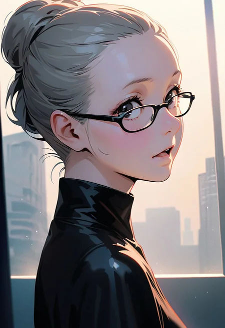 (graphic novel style, dark novel style:1.5),(anime), (masterpiece:1.4), (soft cinematic light:1.1), incredibly lifelike, Extremely high-resolution details, 8k, best quality,extremely detailed, contrast,
high tech design,
 gallery of contemporary art, inside, portrait old woman against the backdrop of a giant floor-to-ceiling window, through which one can see a city landscape with skyscrapers and a sunset , open mouth, one portrait ((elderly)) woman in a ((black long dress)) and black high-heeled shoes, elderly, old woman, [Nordic], Hourglass elongated body, Oval Face, Long neck, Rounded shoulders, long slim thin arms, Attached Pointed ears, round forehead, (gray Updo short combed back hair), snub nose, Arched eyebrows, Monolid black Eyes, High Round Narrow cheekbones, Hollow Cheeks, Rounded Chin, Rounded Jawline, thin Lips, (black eyes), (square glasses), (Wrinkles),