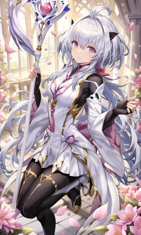 1girl, sensitive, merlin, fate/prototype, solo, long hair, breasts, looking at viewer, smile, long sleeves, gloves, holding, very long hair, medium breasts, purple eyes, white hair, ahoge, flower, thighs, black gloves, pants, wide sleeves, fingerless gloves, petals, black pants, staff, robe, holding staff, white robe