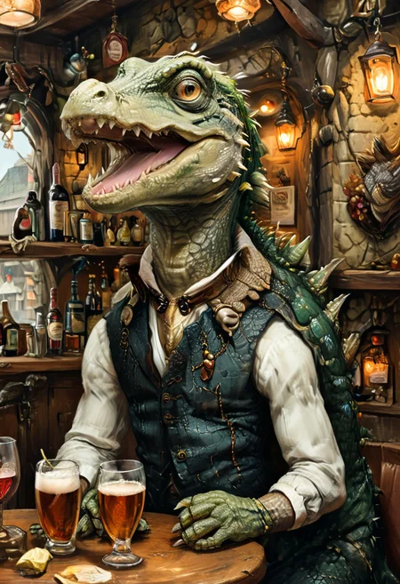 Detailed digital portrait of an anthro Crocodile at a bar, <lora:xl_more_art-full_v1:0.5>, full body in frame, big tail<lora:The_Crazy_Style:0.7> <lora:anthro_muscular:0.7>