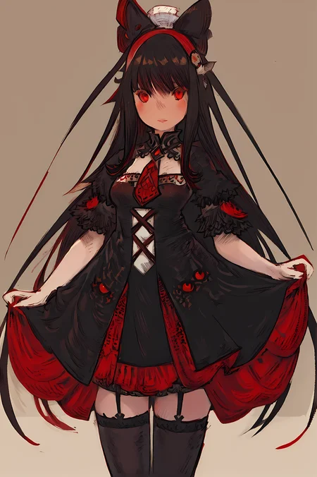 score_9, score_8, score_7, solo, 1girl, rory mercury, long hair, black hair, red eyes, bangs, blunt bangs, hime cut, thighhighs, bow, ribbon, hair ribbon, garter straps, dress, black dress, puffy sleeves, frills, detached sleeves, necktie, red necktie, lipstick, purple lipstick, (Bravely Default Style), (red eyes:1.5), <lora:pony\char\anime\rory-mercury-s1s2-ponyxl-lora-nochekaiser.safetensors>, <lora:styles\Akihiko_Yoshida_Chibi_clip_skip-000017.safetensors>, <lora:styles\BravelyDefault.safetensors>, <checkpoint:[Pony] prefectPonyXL_v10.safetensors>, <checkpoint:[SD15] Anime_Sketchink.safetensors>