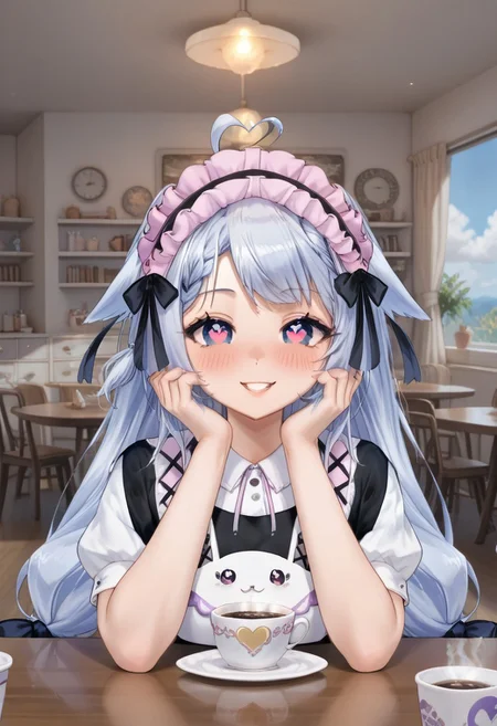 ,score_6,score_7_up,score_8_up,score_9, ((masterpiece,best quality,ultra detailed,highres,HD,4k:1.2)),
detailed face, detailed eyes, detailed background,
simfonira, source_reference,source_screen_good, model_type_fox, ears_fox, outfit_maid, hair_tails, maid, twintails, long hair, hair bow,
eyes_heart, heart-shaped pupils,
1girl, solo,solo focus,girl focus,face focus,
very long hair,low twintails,bangs,head gear,head ornament,helmet,large breasts,
indoor, cafe, sitting,
((pov date, across table pov, across table)),
Coffee on the table,hand, right_hand,right_hand touching face, left_hand, left_hand on table, left_hand placed horizontal, happy,smile,blush,