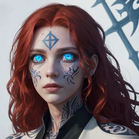 bright red hair, human female, (feminine:1.7), (beautiful face, detailed face:1.6), (beautiful eyes, detailed eyes:1.7), (looking at viewer, eye contact, intense:1.6), (long hair, red hair, curly hair:1.3), , ((masterpiece, best quality, high resolution, realistic, best quality,)), photo realistic, Perfect Face, (detailed face). <lora:GoodHands-vanilla:0.6> <lora:add-detail-xl:0.8>, mage, (Dress White military uniform coat), dagger, rune dagger, glowing runes, , (((glowing magic symbols tattoos, religious tattoos))), ((face tattoos)), glowing tattoos, stone tower in the background