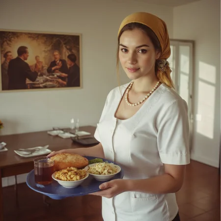 photorealistic shot of a young woman with long wheat brown hair and brown eyes in a headscarf and a white cook's robe from the USSR with a large neckline holds a blue tray with red juice in a faceted glass, salad, pilaf and pies, big breasts, small beads, her gaze is directed at the lens. Body slightly tilted and directed to the left. In the background on the left is a poster of Soviet propaganda and a table with cutlery. sunlight from right to left, light effect through window.