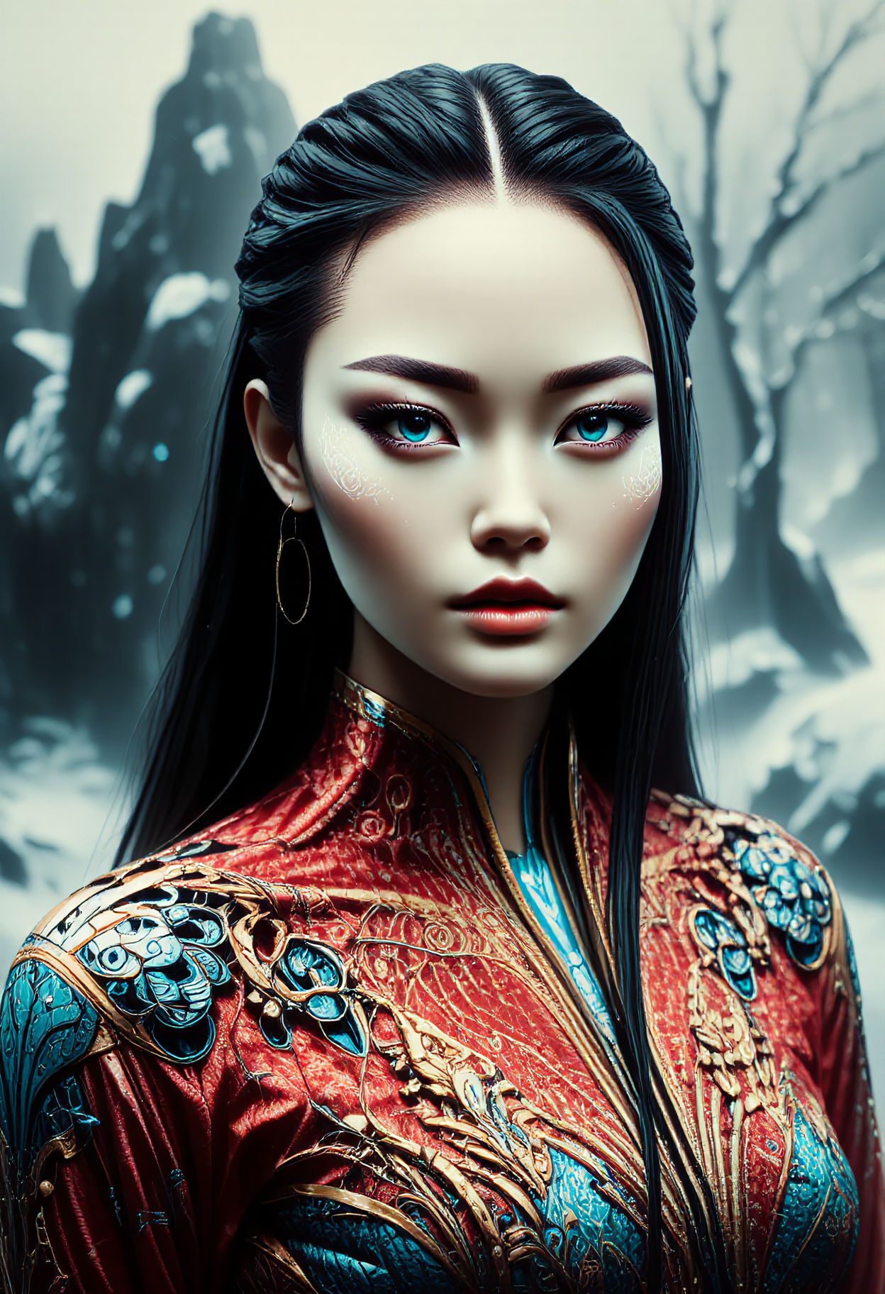 ral-ertmsphr, realistic, detailmaximizer, portrait of a young beautiful Chinese woman with pale skin and long dark hair, blue mystical make up, striking white eyes with , pale blue lips. She wears an ornate, traditional garment in red gold and blue with dragon-like designs on the shoulders. Set against a blurred snowy landscape with dark rocks and trees creating a serene mystical atmosphere. The style focuses on realistic textures, intricate details, and ethereal beauty, evoking a contemplative, mystical mood. highly detailed background, detailmaximizer, max details,