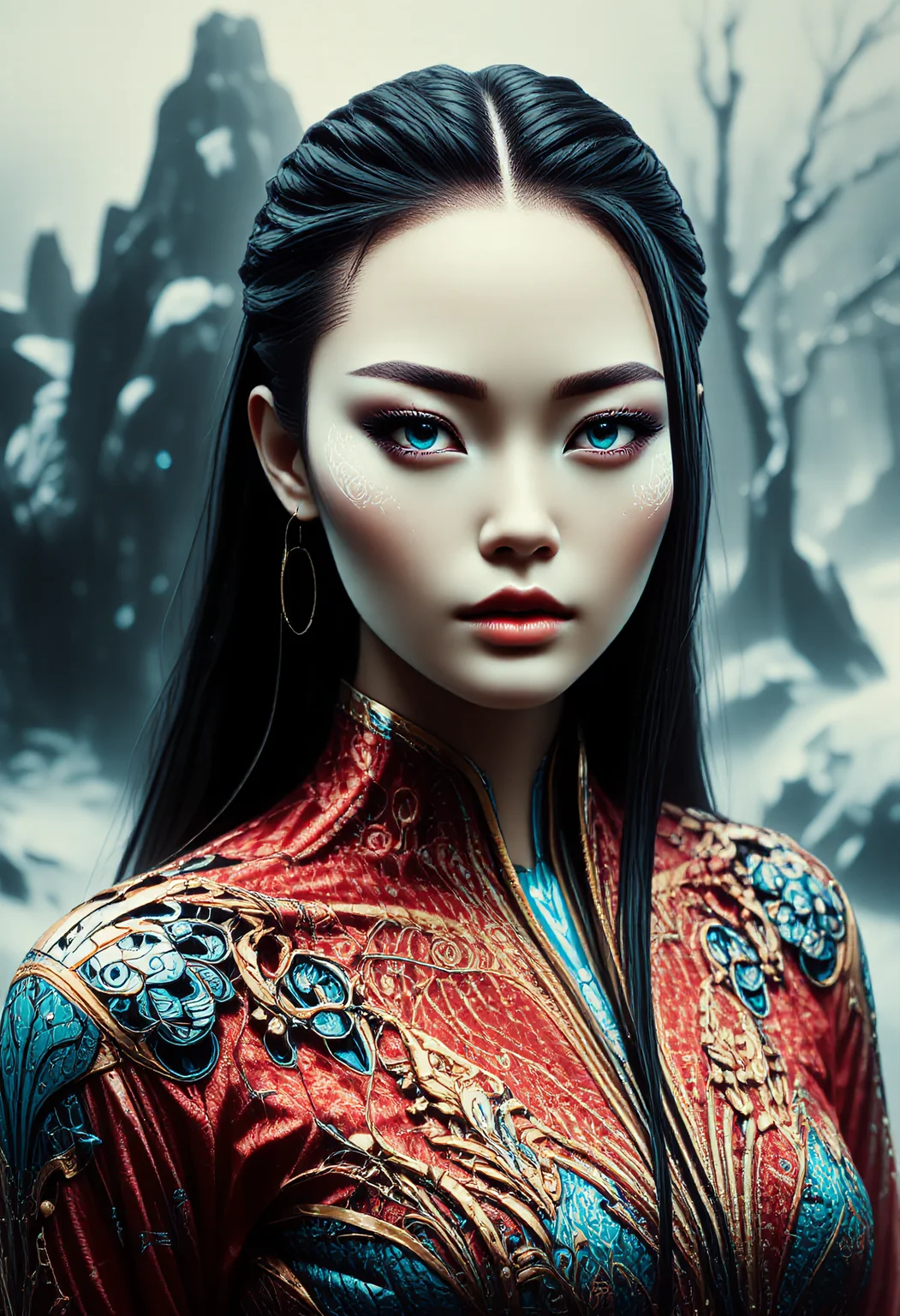 ral-ertmsphr, realistic, detailmaximizer, portrait of a young beautiful Chinese woman with pale skin and long dark hair, blue mystical make up, striking white eyes with , pale blue lips. She wears an ornate, traditional garment in red gold and blue with dragon-like designs on the shoulders. Set against a blurred snowy landscape with dark rocks and trees creating a serene mystical atmosphere. The style focuses on realistic textures, intricate details, and ethereal beauty, evoking a contemplative, mystical mood. highly detailed background, detailmaximizer, max details,