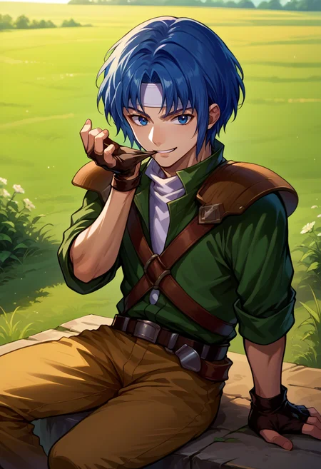 score_9, score_8_up, score_7_up, source_anime, BREAK, solo, 1boy, smile, looking at viewer, <lora:Ronan-pdxl_Fp:1>, ronanfe5, blue hair, blue eyes, short hair, headband, green collared shirt, turtleneck, armor, shoulder armor, fingerless gloves, brown pants, belt, <lora:AdjustingGlovesWithLips_XLPD:1>, glove biting, mouth hold, sitting, outdoors, field,
