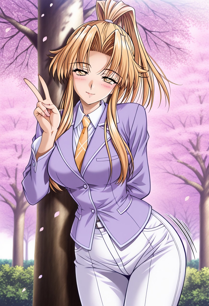 masterpiece, best quality, newest, highres, uncensored, 1girl, yokota mamoru style,1girl, slender face，motion lines,looking at the viewers,torogao,seductive smile,blush,bdsm
Kitagawa Junko,Honey Blonde Hair, Ponytail, Waist Length Hair,Amber Eyes,Necktie
1girl, blonde hair, cherry blossoms, , tree, v, skirt, short hair,  smile,outdoors, long hair, blush, yellow eyes, long sleeves,white pants
