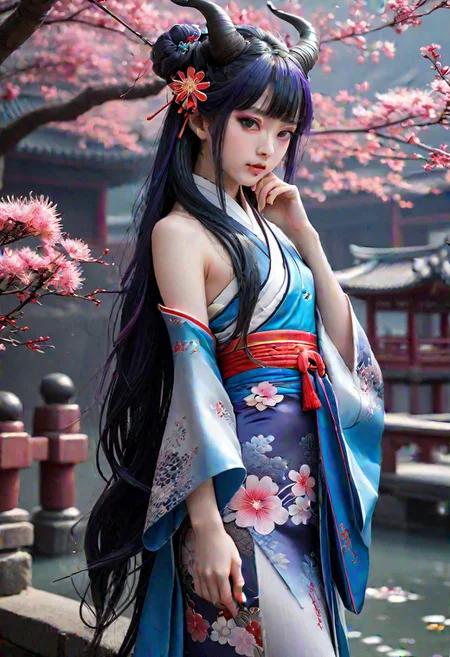 full-body realistic shot of Ganyu, sharp details, natural texture wet white skin, intricate closed Japanese dress, big purple eyes, long lashes, red-black horns, thick long (blue hair), ahoge, sidelocks, blush, bangs, bare shoulders, black gloves, detached white sleeves, black pantyhose, flower knot, Chinese knot, neck bell, tassel, at night, outdoors, beautiful lights, milky way