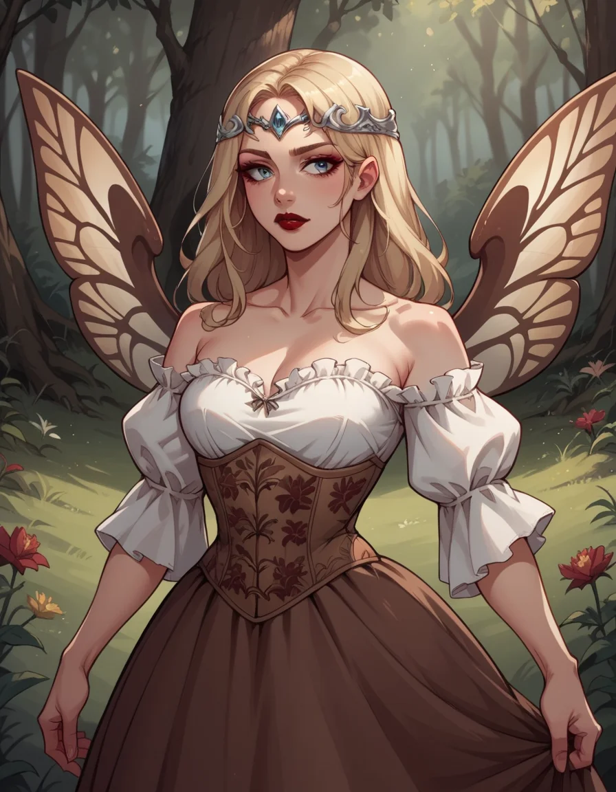 score_9, score_8_up, score_7_up, score_6_up, score_5_up, score_4_up, source_anime, 1girl, long blonde hair, makeup, red lipstick, hud_forest_fairy_dress, white and brown dress, puffy sleeves, floral corset, silver circlet, bare shoulders, wings, <lora:forestfairyxlp_epoch_8:0.6>,