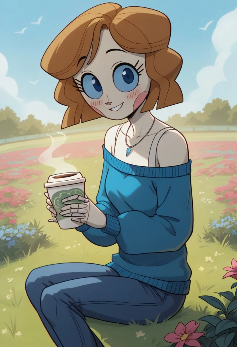 Score_9_up, score_8_up, score_7_up, 1girl, emmytr, blue eyes, solo, beautiful, robot, brown hair, blue sweater, off shoulder, blue jeans, brown fur boots, high heel boots, silver necklace, cute, holding cup of coffee, garden, flower field, blue sky, sitting on grass, look at viewer, close up, cowboy shot, smiling, blushing, side view