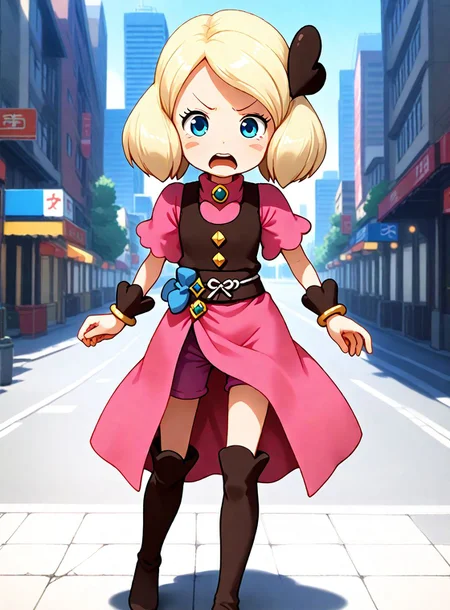 <lora:Hyper-SDXL-8steps-lora:1> <lora:Fixhands_anime_bdsqlsz_V1:1>score_9, score_8_up, score_7_up, source_anime, intricate details, perfect anatomy BREAK
1girl, sw-mayone, blonde hair, short hair, heart hair ornament, blure eyes, blush stickers, pink dress, brown vest, sw-mayone outfit, purple bike shorts, brown thigh boots, 
dynamic pose, Fearful, Wide-open eyes, a furrowed brow, and a slightly open mouth.,
outdoors, city, tokyo, 
<lora:sw-mayone_XL(pony)v11:1>