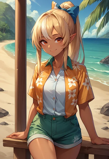 score_9, score_8_up, score_7_up, source_anime, 1girl, solo, ShiranuiFlare, dark skin, long hair, high ponytail, hair bow, hawaiian shirt, dress shirt, unbuttoned, multicolored shirt, shorts, smile, outdoors, beach, <lora:ChjamShiranuiFlarePonyXL:1>