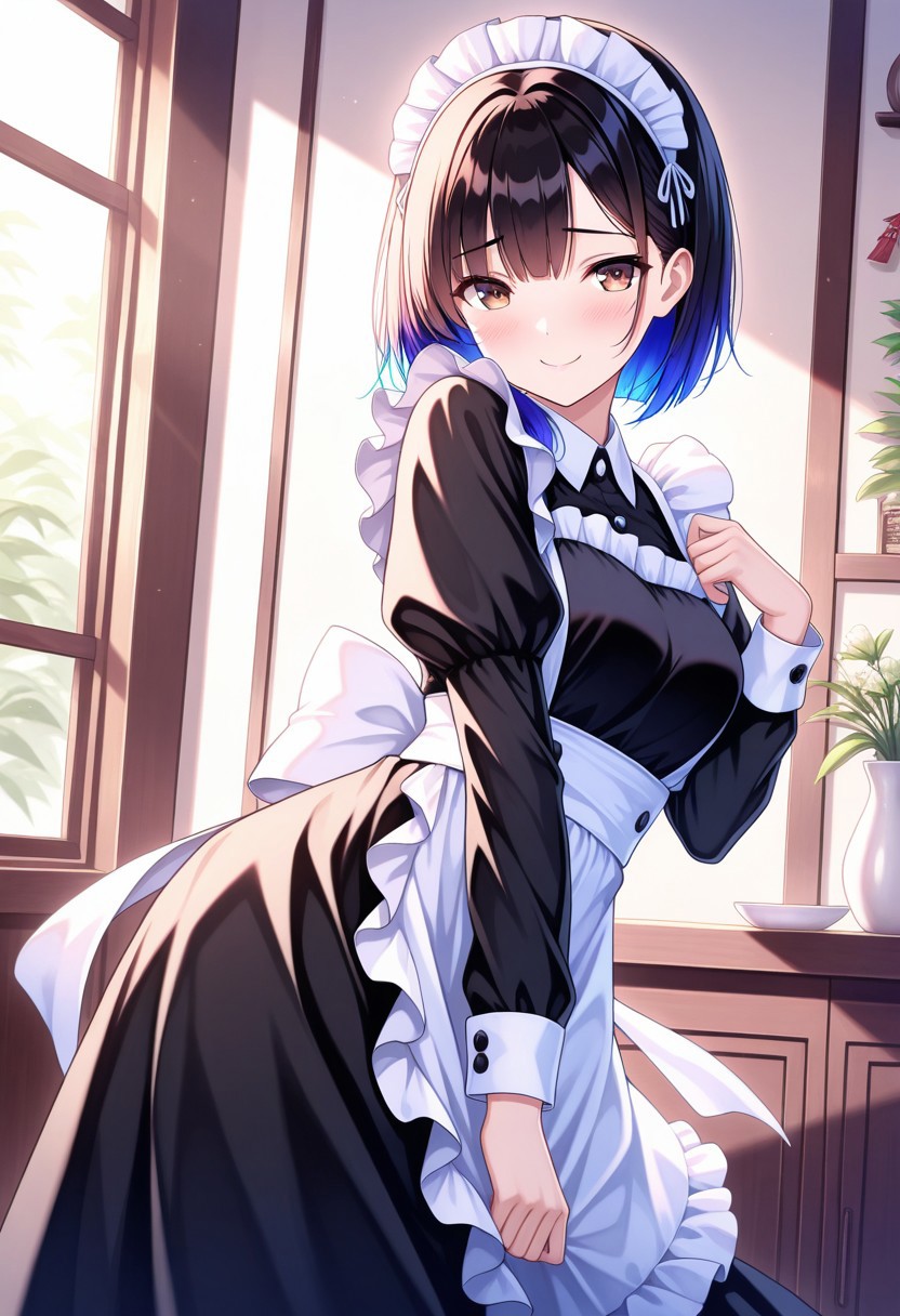 masterpiece, vibrant colours, HD32K, highly detailed, japanese maid, black and white maid outfit, apron, maid cap, shy smile, vibrant