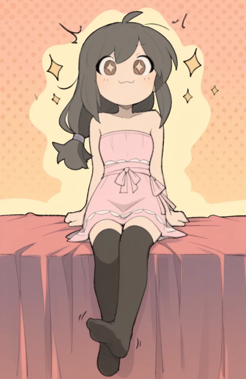 1girl, solo, <lora:TemmieChang:1> tmchng, sitting, leaning in eagerly, sparkling expression, joyful anticipation, upbeat aura,
<lora:ffgarnet-illu-nvwls-v1_1:0.5> ffixgarnet, black hair, brown eyes, low-tied long hair, pink t-shirt, strapless dress, yellow side-tie skirt, black over-kneehighs, no shoes, chibi, temloaf,, extremely detailed, highres, masterpiece, best quality