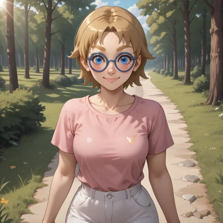 score_9, score_8, BREAK, solo, wii, mii, wii sports, dark blonde hair, dark blonde eyebrows, blue eyes, blue glasses, blush, pink clothing, white pants, sandals, cute, female mii, 1girl, nintendo mii, modern_mii, classic_mii, Siobhán_(Wii_Sports), sexy pose, smile, outdoors, sunlight, shadows, evening lighting, natural lighting, forest, trees, grass, orange sky, sunset