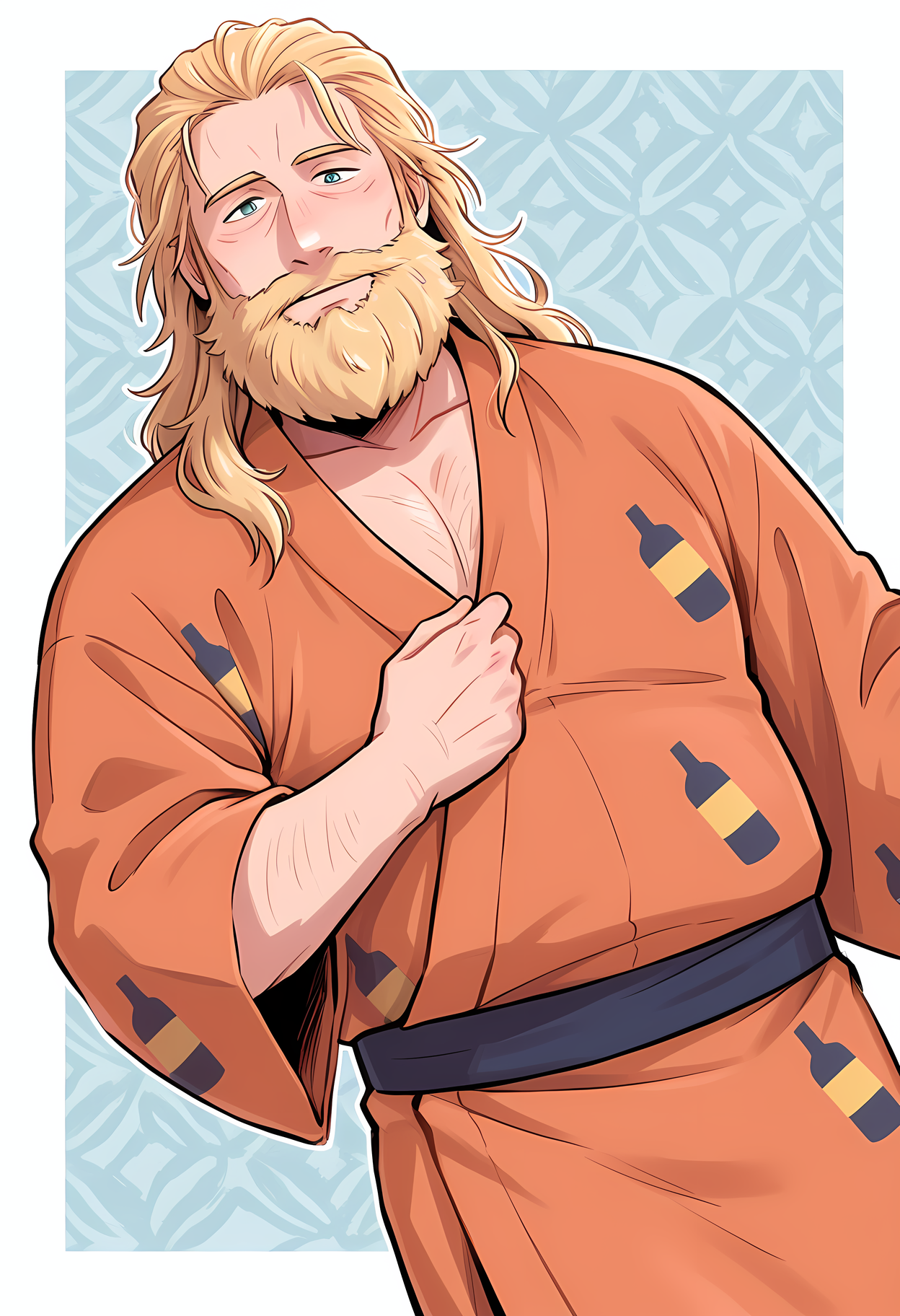 masterpiece, best quality, amazing quality, dutch angle, abstract background, BREAK
1boy, solo, male focus, sppc_kenny, mature male, blonde hair, long hair, blonde beard, facial hair, yukata, japanese clothing, BREAK
<lora:cfg_scale_boost:.6>  <lora:Kenny_McCormick_Adult_-_South_Park_-_ILXL:1>