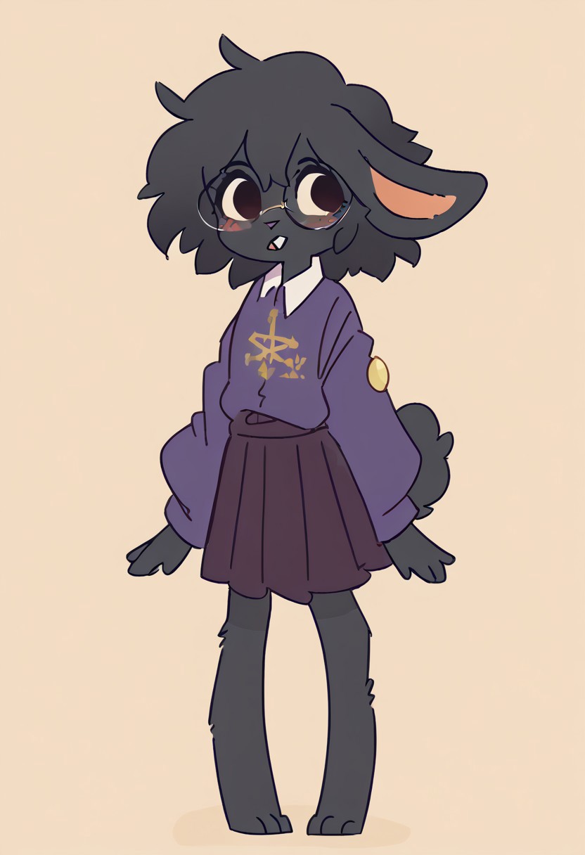 score_9, score_8_up, score_7_up, score_6_up, best quality, masterpiece, (absurdly high resolution:1.4), standing, (short, diminutive, smol), (anthro, rabbit, black fur, paws, handpaw, digitigrade, hyper ears, buckteeth, female, flat chested, slim, thin, petite), (large round glasses, cultist, occult robes, black robes, purple robes, skirt, puffy sleeves), cute, adorable, (short boyish hair, hair between eyes, crossed bangs, hair, fluffy hair, thick hair, black hair), (timid, blush lines), solo, dynamic pose, simple background, young, full body