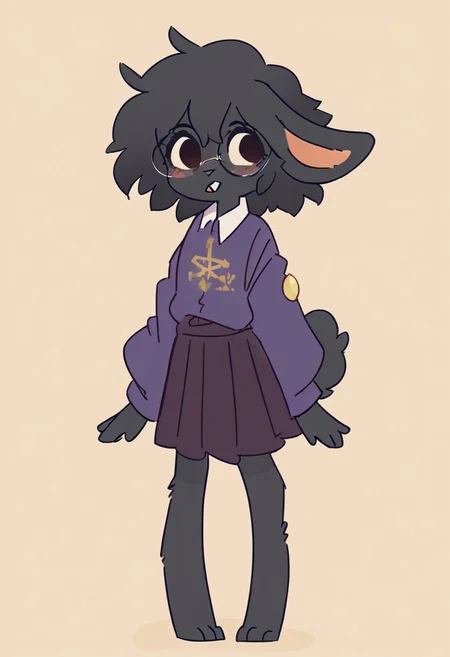 score_9, score_8_up, score_7_up, score_6_up, best quality, masterpiece, (absurdly high resolution:1.4), standing, (short, diminutive, smol), (anthro, rabbit, black fur, paws, handpaw, digitigrade, hyper ears, buckteeth, female, flat chested, slim, thin, petite), (large round glasses, cultist, occult robes, black robes, purple robes, skirt, puffy sleeves), cute, adorable, (short boyish hair, hair between eyes, crossed bangs, hair, fluffy hair, thick hair, black hair), (timid, blush lines), solo, dynamic pose, simple background, young, full body