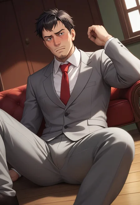 safe_pos, score_9, score_8_up, score_7_up, score_6_up, perfect anatomy, perfect proportions, best quality, masterpiece, high_resolution, high quality, aesthetic, absurdres, (male focus), solo male, adult, mature, masculine, manly, handsome, charming, alluring, upper body, cowboyshot, dutch angle, source_anime, anime coloring, (AOTNile, black hair, short hair, facial hair, stubble, sideburns, bags under eyes), grey suit, white collared shirt, red necktie, grey blazer, open blazer, bottomless, white socks, indoors, lying on wooden floor, lying on back, spread legs, hand behind head, bashful, blush, embarrassed, nervous,