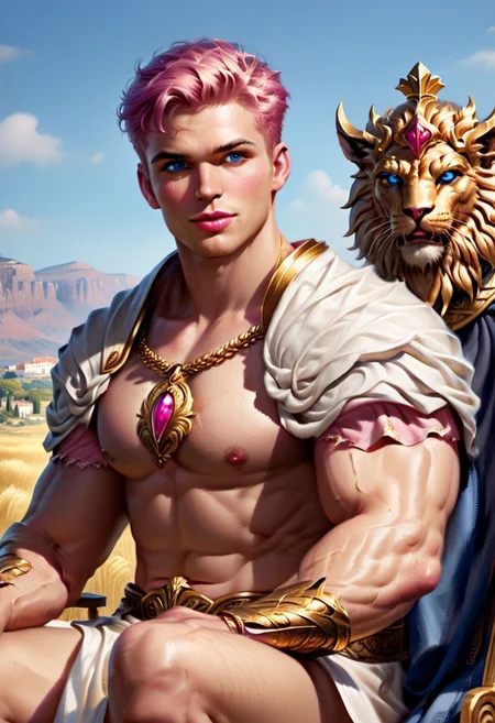 4k, digital art, semi realistic, fantasy, best quality, masterpiece, very detailed, wide camera angle, dynamic camera angle, dynamic pose, face close up, face focus, portrait of a muscular male, 20 years old, friendly, seductive, pale skin, pastel pink hair, short hair, smooth face, round face, gorgeous, happy, plumped lips, puffy lips, big lips, perfecteyes, blue eyes, big eyes, videogame eyes, defined eyes, defined eyebrows, pink nipples, greek god, wearing a white tunic with a golden laurel, sitting on throne, on an open field, ancient greece, daylight on the background, (cinematic light, volumetric), splash art