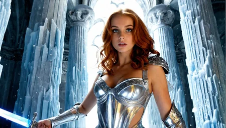 female paladin in radiant silver and sapphire armor, standing in an ice palace surrounded by massive crystalline pillars, holding a frosted sword glowing with cold energy, frozen sculptures of long-forgotten warriors lining the palace hall, soft light refracting through the ice casting rainbows across the walls, serene yet chilling atmosphere, large bosom, cleavage, smooth skin, bright eyes, full cheeks, plump lips, soft facial features, fresh-faced, hourglass figure woman, award-winning editorial masterpiece, 1girl, 24yo woman, gorgeous, cute face, dynamic composition, engaging narrative, high-quality details, evocative mood, immersive scene, realistic textures, captivating atmosphere, stop-motion animation, intricate details, seamless integration, Tripsy_Tumble
