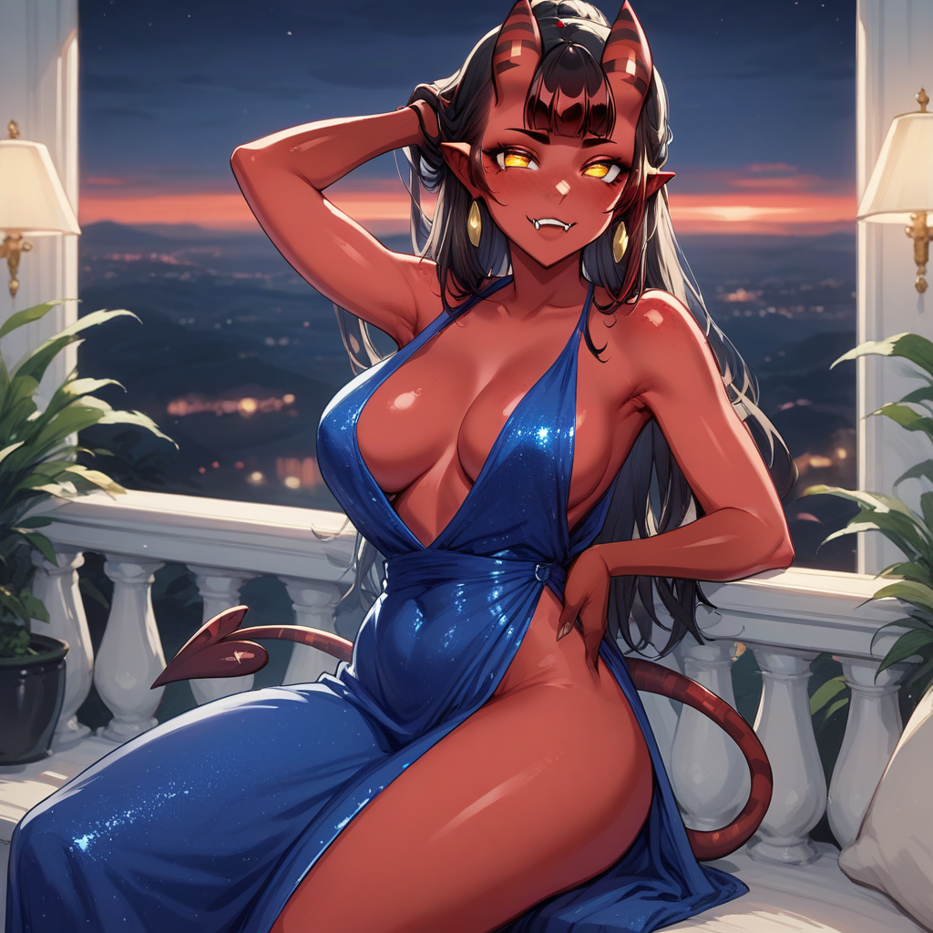 score_9, score_8_up, score_7_up,source_anime, 1woman, meruccubus_(merunyaa), meruccubus, MilfMeru, MILF, black hair, hair_between_horns, horns, pointy ears, (red_skin), multicolored_eyes, yellow eyes, red eyes, demon tail, fangs, evening gown, backless dress, sleeveless dress, sideless dress, plunging neckline, evening_dress, blue dress,