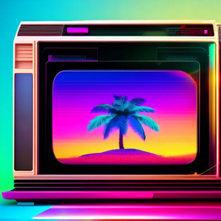 photo (retrowave style:1) an old television screen with a palm tree on the screen <lora:djzRetroWaveV21_LoraBooth:1>