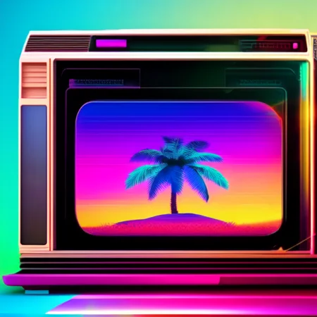 photo (retrowave style:1) an old television screen with a palm tree on the screen <lora:djzRetroWaveV21_LoraBooth:1>