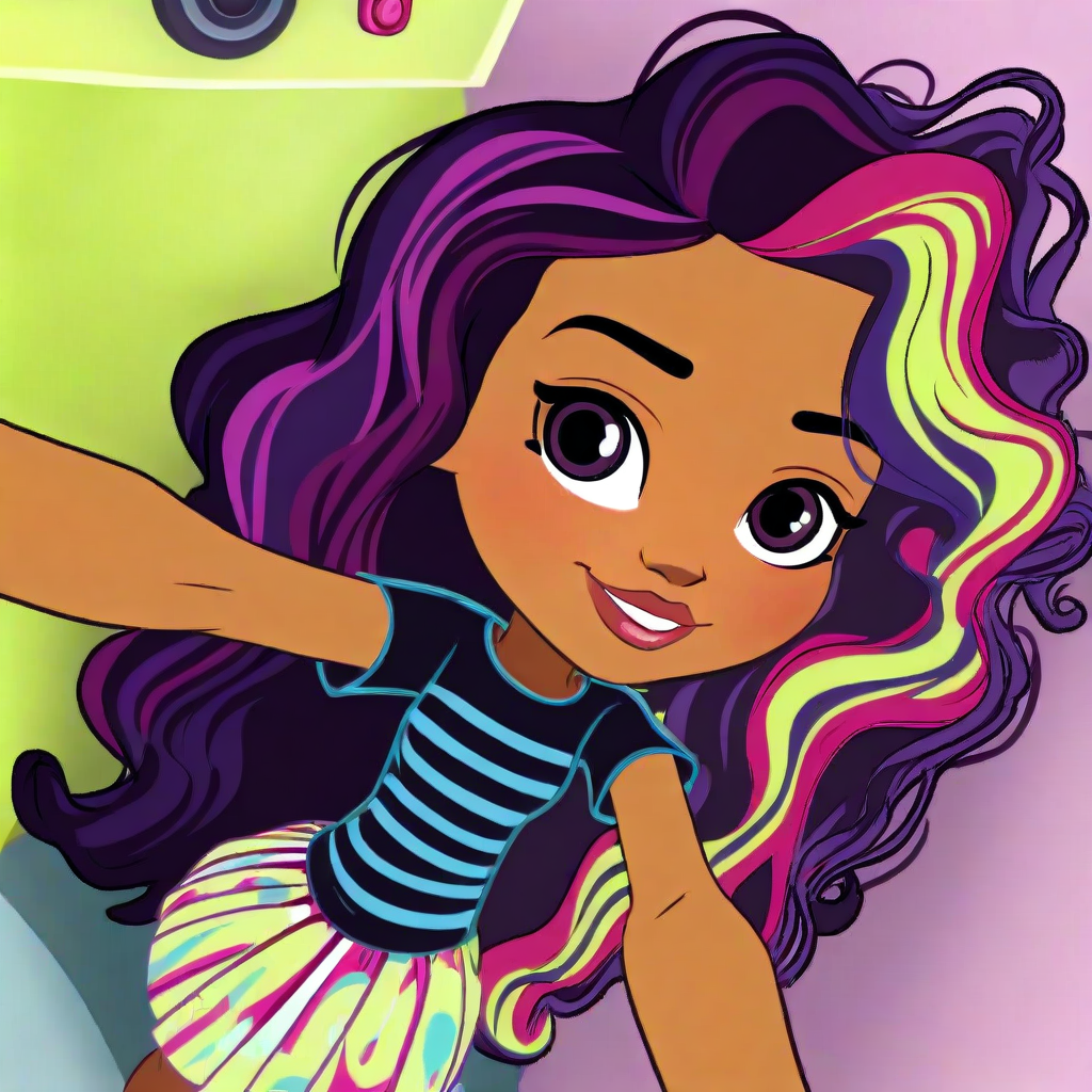 score_9, solo, rox_sd, 1girl, dark skin, purple hair, multicolored hair, long hair, striped, shirt, skirt, selfie, from above