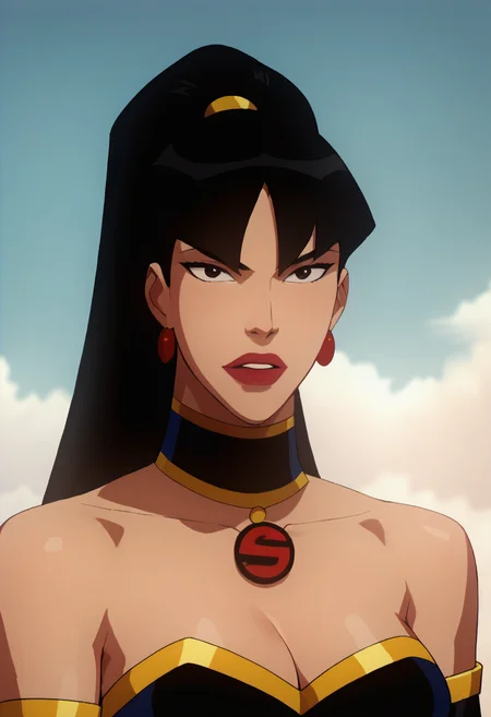 score_9, score_8_up, score_7_up, masterpiece, hi res, best_quality, sup3rw0man, sexy body, large natural breasts, bare shoulders, earrings, cleavage, sexy, fingerless gloves, busty, black eyes, seductive, solo, black hair, ponytail, lipstick, anime coloring, elbow gloves, MILF