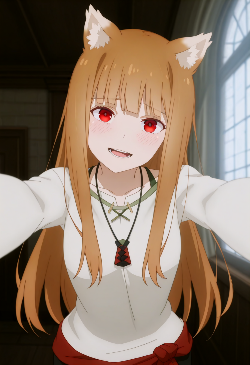holooutfit3, 1girl, long brown hair, bangs, red eyes, fox ears, medium breast, | white shirt, long sleeves, loose shirt, black pants, cropped pants, necklace, pendant, red braided sash, 
 <lora:Holo_IL:1>,
 masterpiece, high, quality, highres, absurdres, score_9, score_8_up, score_7_up, score_6_up, source_anime, rating_explicit,1girl, solo,smile,embarrassed,alcalose eyes, open mouth, mansion, indoors, looking at viewer, outstretched arms, pov, close-up, (head tilt:1.2),(Character).