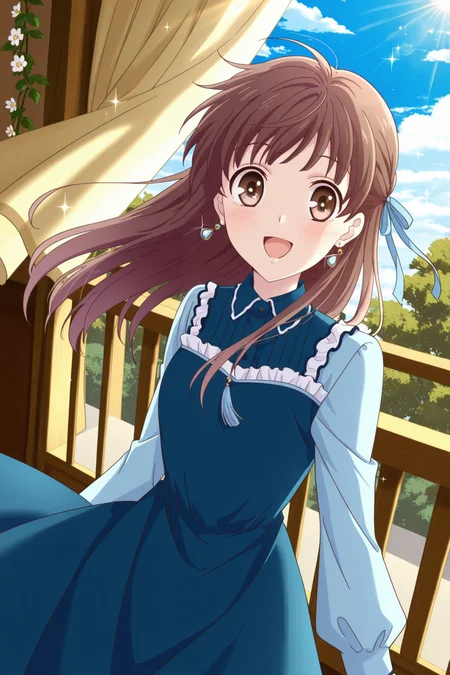 <lora:FruitsBasket:1>, FruitsBasket, 1girl, jewelry, solo, earrings, flower, smile, dress, leaf, tassel, long sleeves, blue dress, open mouth, outdoors, day, white flower, curtains, sky, fringe trim,wind, frills, window, blush, blue sky, tree, balcony, sunlight, railing, ribbon, looking at viewer, plant, sparkle, dutch angle, cloud