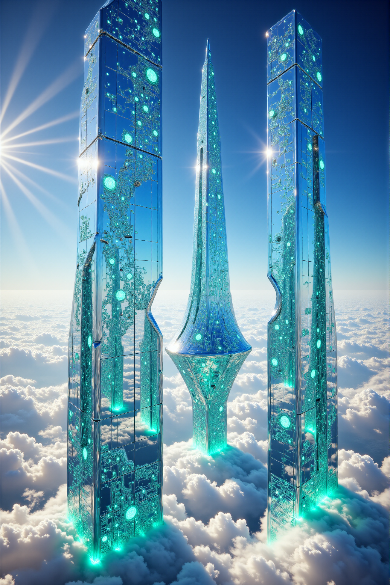 <lora:flux.1_lora_flyway_Epic-detail_v2:0.25> <lora:Legacy_of_the_forerunners_r1:0.8>  <lora:MirrorStyle:0.7> mirrorstyle.
A colossal crystalline citadel towers above the cloud line, composed entirely of translucent azure structures that arc and flow like frozen liquid light. The architecture features twin vertical spires flanking a central nexus that appears to levitate by unseen force, connected by luminous energy veins that ripple through its crystalline surface. This skyborne sanctuary floats above a sea of billowing clouds, with rays of sunlight scattering through its refractive towers, creating a halo of spectral colors around the spire. Rendered in high-definition cinematic realism with volumetric light scattering and reflective material shading, the scene evokes a sense of divine elevation–an astral archive or ancient sky-forged cathedral built by a civilization that mastered light and levitation.