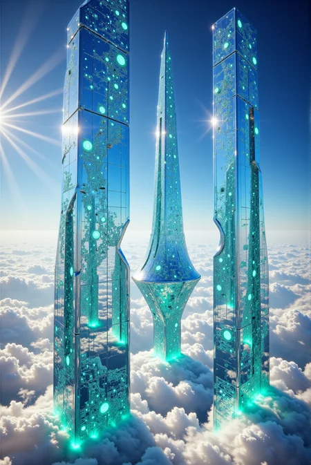 <lora:flux.1_lora_flyway_Epic-detail_v2:0.25> <lora:Legacy_of_the_forerunners_r1:0.8>  <lora:MirrorStyle:0.7> mirrorstyle.
A colossal crystalline citadel towers above the cloud line, composed entirely of translucent azure structures that arc and flow like frozen liquid light. The architecture features twin vertical spires flanking a central nexus that appears to levitate by unseen force, connected by luminous energy veins that ripple through its crystalline surface. This skyborne sanctuary floats above a sea of billowing clouds, with rays of sunlight scattering through its refractive towers, creating a halo of spectral colors around the spire. Rendered in high-definition cinematic realism with volumetric light scattering and reflective material shading, the scene evokes a sense of divine elevation–an astral archive or ancient sky-forged cathedral built by a civilization that mastered light and levitation.