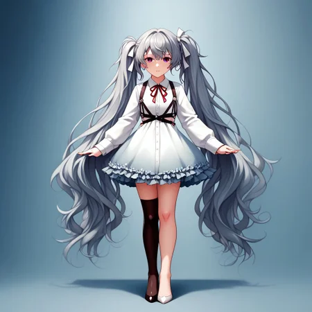 (masterpiece,best quality,ultra_detailed,highres,absurdres:1.2), zuppu11, score_9, score_8_up, full body, human, solo, female focus, 25-jimiku, grey hair, twintails, hair ribbon, heterochromia, blue eyes, red eyes, look at viewer, frills, white dress, frilled dress, neck ribbon, red ribbon, chest harness, long sleeves, single thighhigh, black thighhighs, Expressiveh, fluxenh4nce