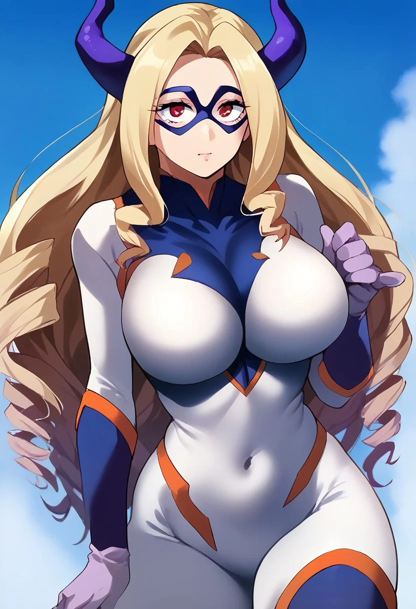 Score_9, score_8_up, score_7_up, score_6_up, 1girl, beautiful girl, large breasts,
BREAK
retro artstyle,
Blonde
Dark skinned female,
BREAK
superhero, white bodysuit, skin tight, impossible clothes, covered navel, gloves, thighhighs.mount lady, 1girl, long hair, drill hair, blonde hair, red eyes, purple horns, large breasts, mask, domino mask