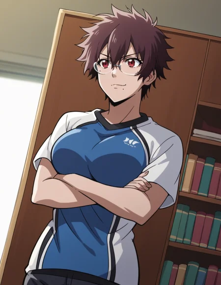 score_9, score_8_up, score_7_up, source_anime, <lora:nagisa-aragaki-s1-ponyxl-lora-nochekaiser:1>, nagisa aragaki, short hair, large breasts, brown hair, red eyes, brown eyes, mole, mole under mouth, tomboy, shirt, shorts, sportswear,, library, reading books, glasses, quiet, focused, shelves of books, , , crossed arms, smug, solo,, dutch angle, cowboy shot