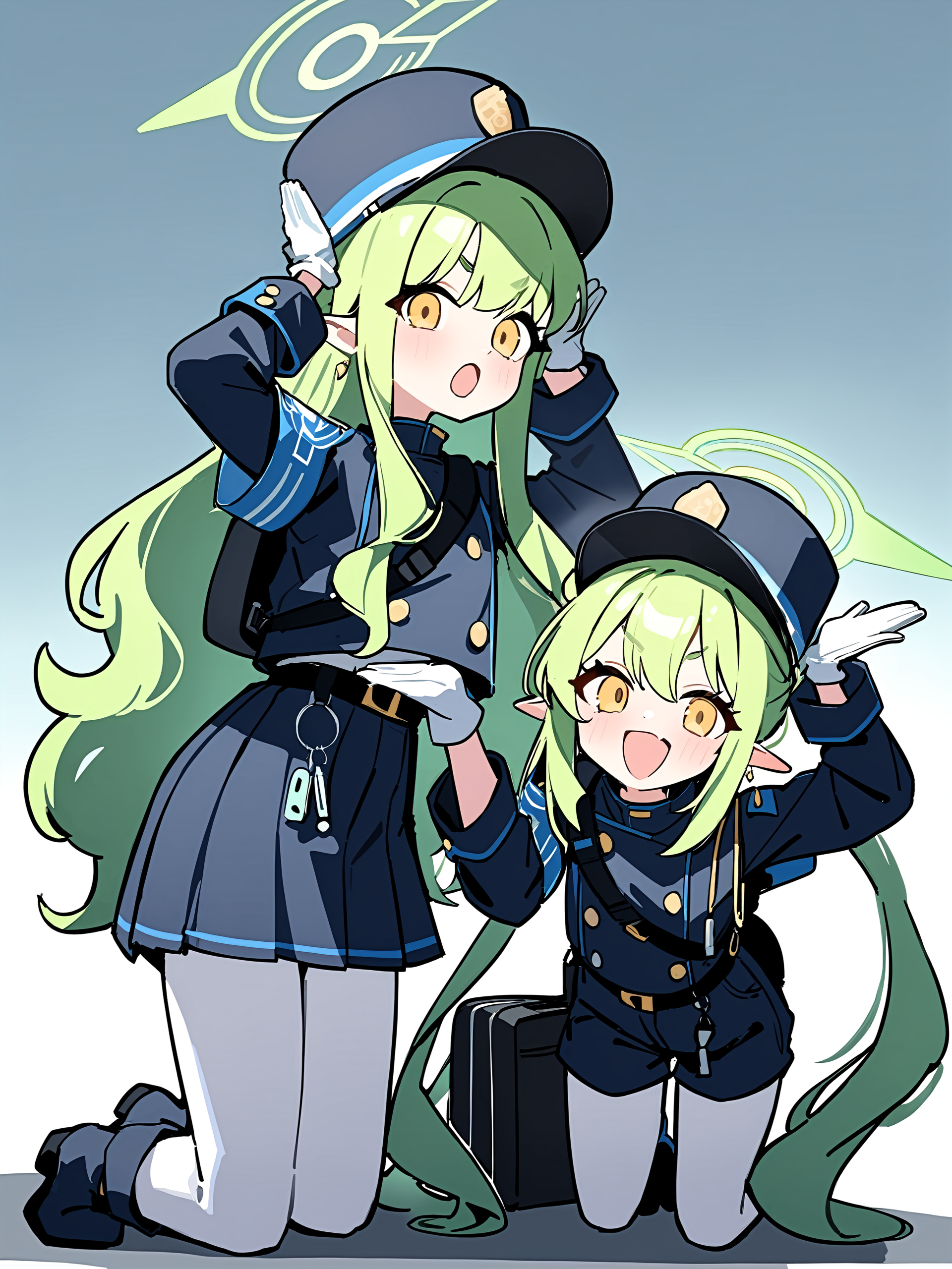 2girls, hikari \(blue archive\), blue archive,
arms up, bag, belt, blue footwear, blue skirt, boots, buttons, double-breasted, earrings, full body, gloves, green halo, jewelry, kneeling, long sleeves, looking at viewer, open mouth, pantyhose, pleated skirt, shoulder bag, sidelocks, skirt, solo, very long hair, white background, white gloves, white pantyhose, newest, general, good, absurdres, commentary, highres
masterpiece,best quality,  newest, absurdres, safe <lora:ag31_twin_fp8-000036:1>