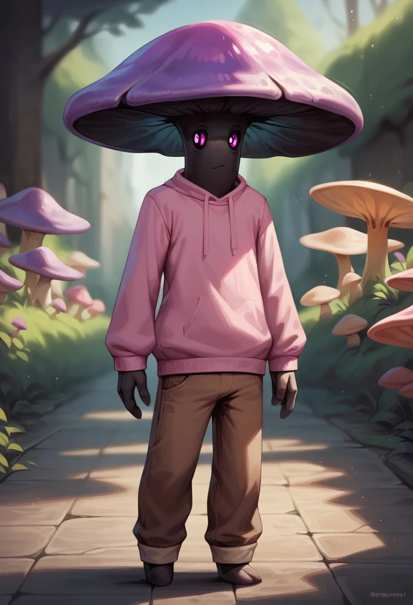 (((detailed, beautiful, high quality))), score_9, score_8_up, score_7_up, full body,
myconid, anthro mushroom, mushroom cap, black sclera,
(1male), purple hat, black skin, pink eyes, pink sweater, brown pants,
looking at the viewer, posing, blurred background, blurred fantasy background,
