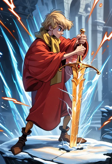 Saltydogstyle, score_9, score_8_up, score_7_up, CuteCartoonStyle,action pose, attacking stance, stabing stance, dynamic pose, 1boy, solo, male focus, Arthur, Blonde Hair, Black Eyes, Red Robe, Yellow Scarf, Tan Leggings, Brown Shoes, SaltyDogStyle, digital artwork, powerful, muscular male, muscular character, standing, holds a glowing ethereal sword, golden sword's hilt, 1boy, male, focus,, weapon, solo, holding, holding, weapon, sword, full, body, 1boy, male, focus, weapon, solo, holding, holding, weapon,