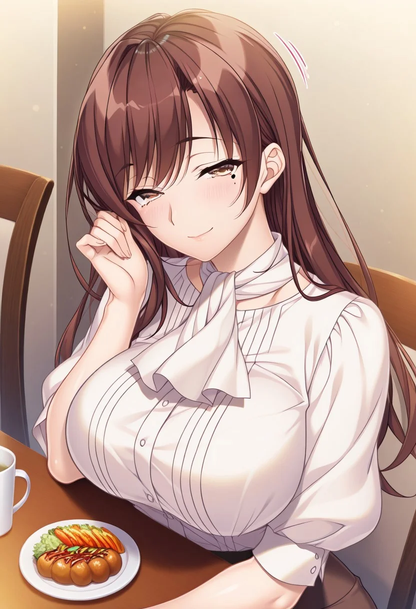 masterpiece, best quality, newest, highres, uncensored, 1girl, yokota mamoru style,1girl, slender face，motion lines,torogao,looking at the viewer,seductive smile,blush
Tachibana Iori,Brown Hair, Ponytail, Sidehair, Straight Hair, Waist Length Hair,Long Hair,Amber Eyes,Big Breasts, Mole, Slim
1girl, long hair, chair, food, table, ascot, indoors, sitting, puffy sleeves, cup