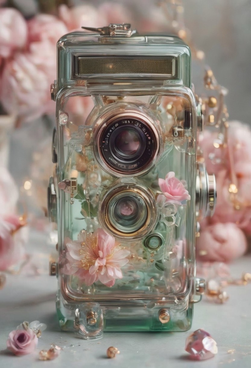fanciful, translucent vintage camera with metallic copper and silver details, filled with an array of soft pastel flowers including hues of pink and white and green inside it, floating golden sparkles, magical touch to the composition, translucent, transparent, tranzp
