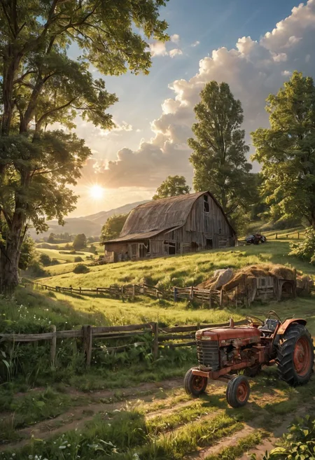 detailed background, (Calm summer landscape), amongst lush greenery, beautiful view, weat farm, early morning, sunrise sky, beautiful clouds, dappled sunlight, outdoor seating, barn, tractor, medium mountains, white clouds, depth of field, masterpiece, best quality, ultra-detailed, very aesthetic, illustration, perfect composition, intricate details, absurdres, moody lighting, wisps of light, no humans, RAW Photography, lens flare, low wide angle,, (sharpness in detail:1.1), Canon EOS 5D Mark IV, masterpiece, (iconic photograph:1.4), (visual storytelling:1.2), film grain, award winning