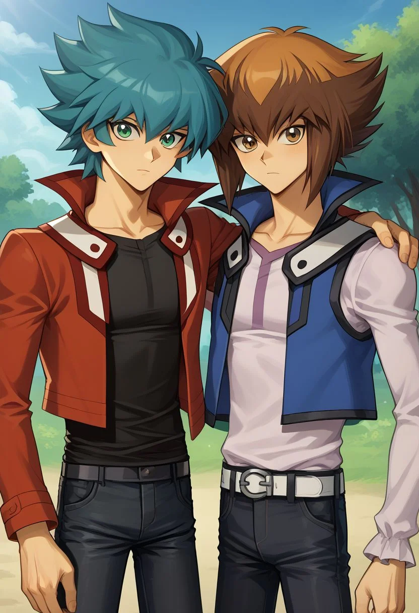 score_9, score_8_up, source_anime, highly detailed, 2boys, slender, skinny
jesse, 1boy, male focus, green eyes, duel academy uniform (yu-gi-oh! gx), upper body, spiked hair, looking at viewer, aqua hair, collarbone, hair between eyes, BREAK
jaden, 1boy, male focus, brown hair, brown eyes, duel academy uniform (yu-gi-oh! gx), jacket, black shirt, red jacket, shirt, pants, multicolored hair, two-tone hair, open clothes, skinny,
outdoor, side by side, hand on other's shoulder, posing for a photo,