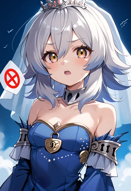 (score_9:0.9),score_8_up,score_7_up,rating_safe,anime style,(zPDXL),(zPDXL3),<lora:Tearlaments Merrli ponyXL v1.1:0.65>,tearlaments merrli, blue dress, silver tiara, blue detached sleeves, prohibited symbol, mermaid, 1girl, sweat, solo, open mouth, blue bridal veil, upper body