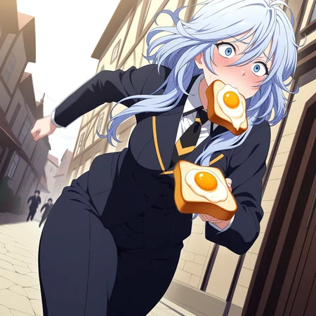 masterpiece, best quality, amazing quality, anime screencap, 1girl, solo, running, outdoors, town, flustered, sweat, toast in mouth, fried egg on toast, motion blur, <lora:shiony:0.9>, shiony regis, blue hair, blue eyes, business suit, medium breasts, thick thighs,