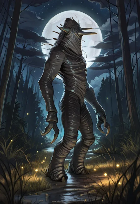 masterpiece,best quality,amazing quality,very aesthetic,absurdres,newest, huge filesize, absurd res, 
pascaH, no face, monster, grey skin, wrinkly body, horns, full body, side view, claws, forest, nighttime, stars, moon, trees, clouds, grass, fireflies, beautiful, glowing, scenery,